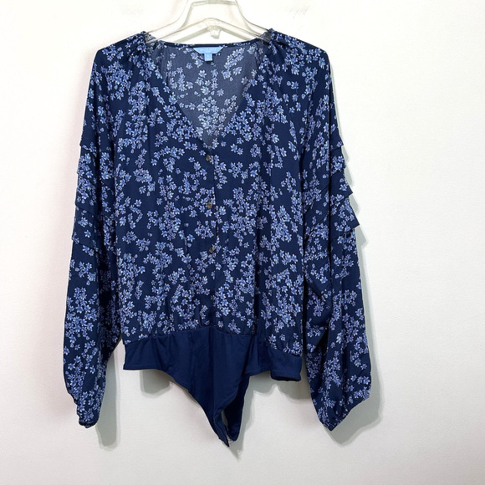 Draper James RSVP Long Ruffle Sleeve Bodysuit Blouse Blue Floral XL V Neck Shirt